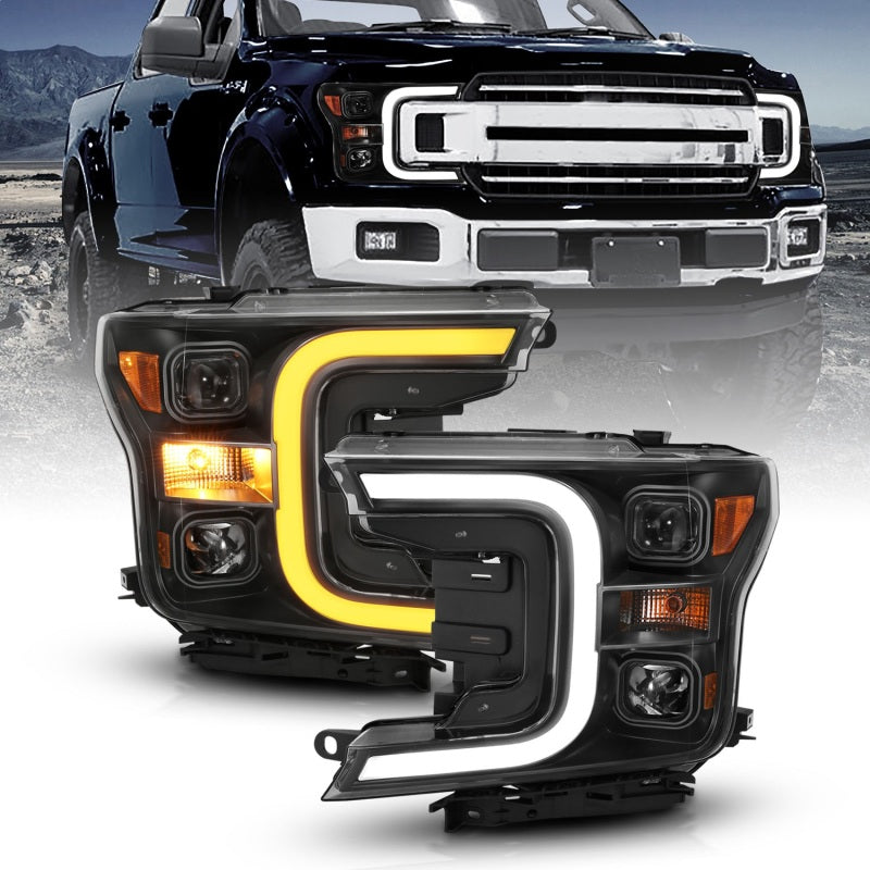 ANZO 18-19 Ford F-150 Projector Headlights w/Plank Style Switchback Black w/Amber