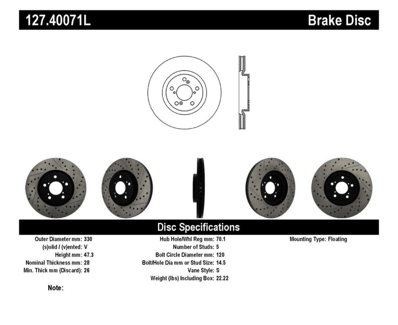 StopTech 07-08 Acura MDX SportStop Slotted & Drilled Left Front Rotor