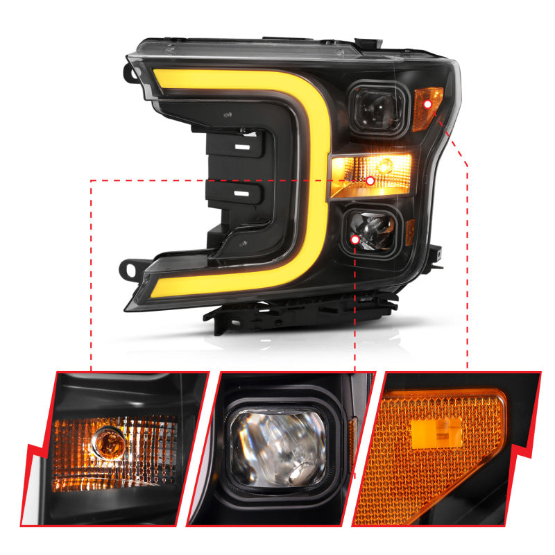 ANZO 18-19 Ford F-150 Projector Headlights w/Plank Style Switchback Black w/Amber